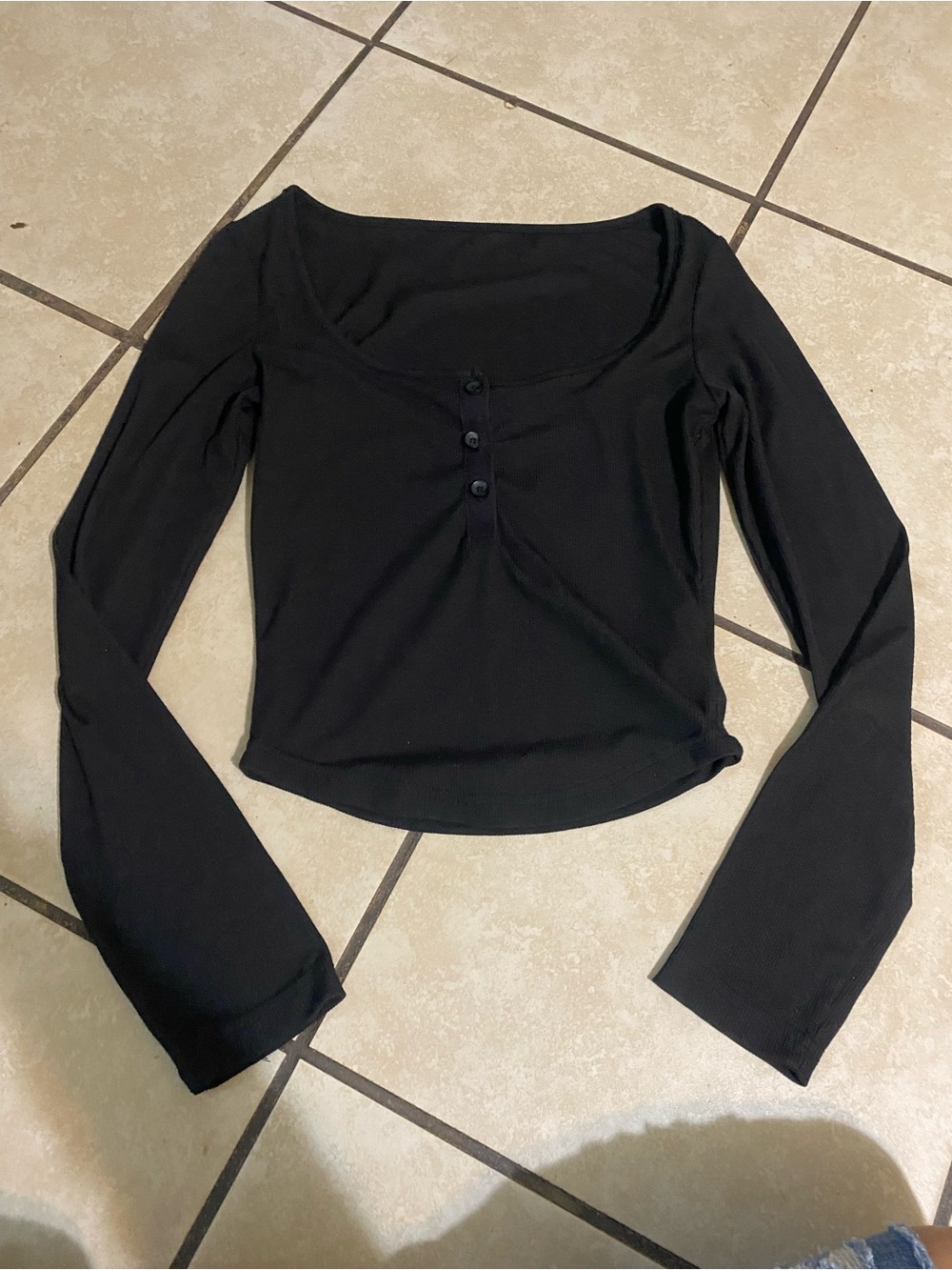 Black Long-Sleeve Scoop Henley Top